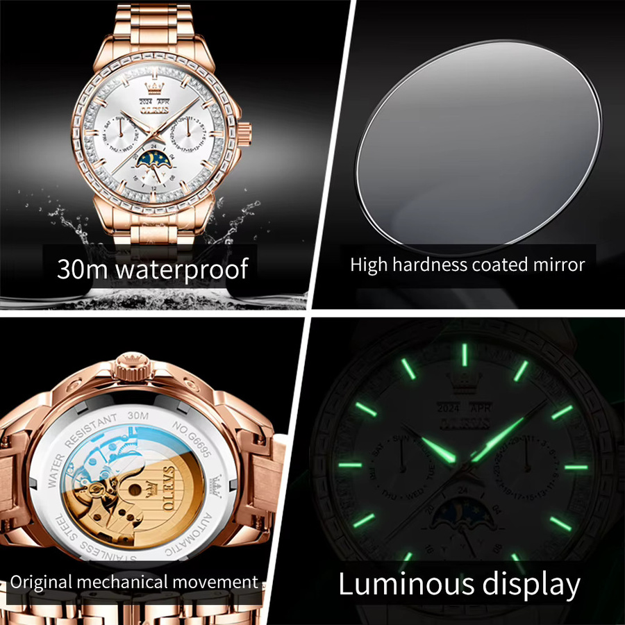 OLEVS Armbanduhr Automatik, Edelstahl, Diamant, Schwarz, Herren - Bild 4