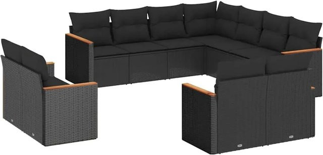 vidaXL 11-teilige Garten-Sofagarnitur in U-Form aus Poly-Rattan und Akazienholz mit Kissen in Schwarz - Bild 1