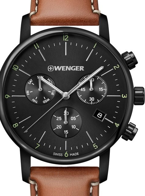 Wenger Chronograph, Quarz, Edelstahl, Leder, Schwarz, 44 mm, Herren - Bild 1