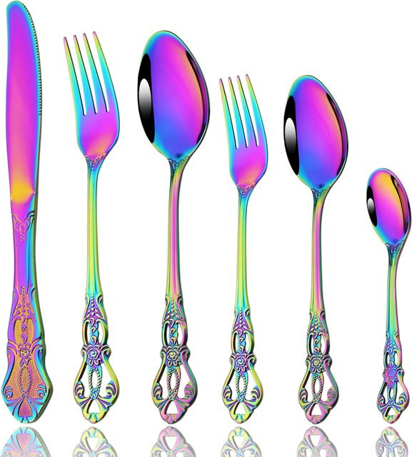 Drmfiy Vintage 6-teiliges Besteckset aus Edelstahl in Regenbogenfarben mit Messer, Gabel und Teelöffel - Bild 1