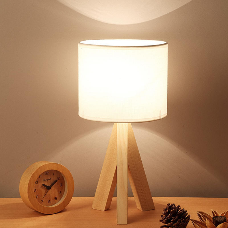 LED Holz Nachttischlampe im Stativ-Design mit weißem Leinenlampenschirm in Beige, E27 Fassung - Bild 6
