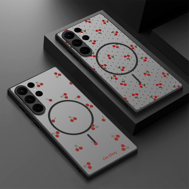 MOESOE Magnetische Handyhülle mit Roter Kirsche für Samsung Galaxy S26 S25 S24 S23 Ultra FE Plus, Matte Harte Schutzhülle mit MagSafe, Multicolour/Schwarz - Bild 1