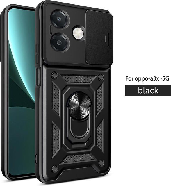 Panzer-Handyhülle für OPPO A3, A3X, A40, A40M und A60 5G mit magnetischem Ringhalter und Schiebe-Kameraschutz in Schwarz - Bild 1