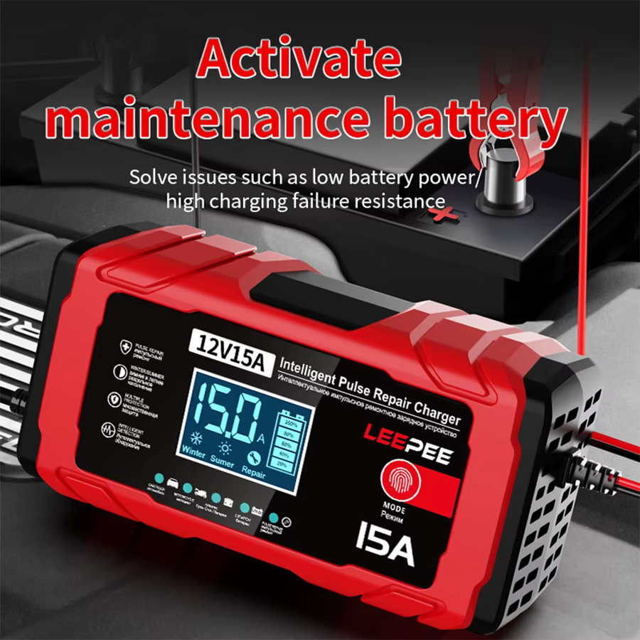 Intelligentes 12V 15A Blei-Säure Smart Batterie Ladegerät mit Puls-Reparaturfunktion für Auto und Motorrad in Rot - Bild 3