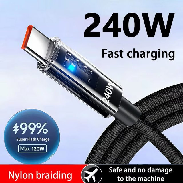 240W USB Typ-C Ladekabel aus Nylon mit LED-Digitalanzeige in Schwarz für Samsung, Xiaomi und Huawei - Bild 1
