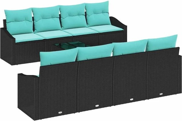 vidaXL Sofa Set aus Poly Rattan mit Kissen in Schwarz und Türkis, 9-teiliges Lounge-Set mit Tisch und Armlehnen - Bild 1