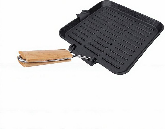 Fishine Grillpfanne aus Gusseisen mit emaillierter Beschichtung und klappbarem Griff, Schwarz - Bild 1