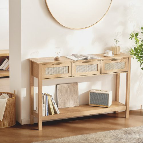 VEVOR Rattan-Konsolentisch mit 3 Schubladen und Schiebetür in Natur, B/T/H: 130,5 x 30,0 x 81,5 cm - Bild 1