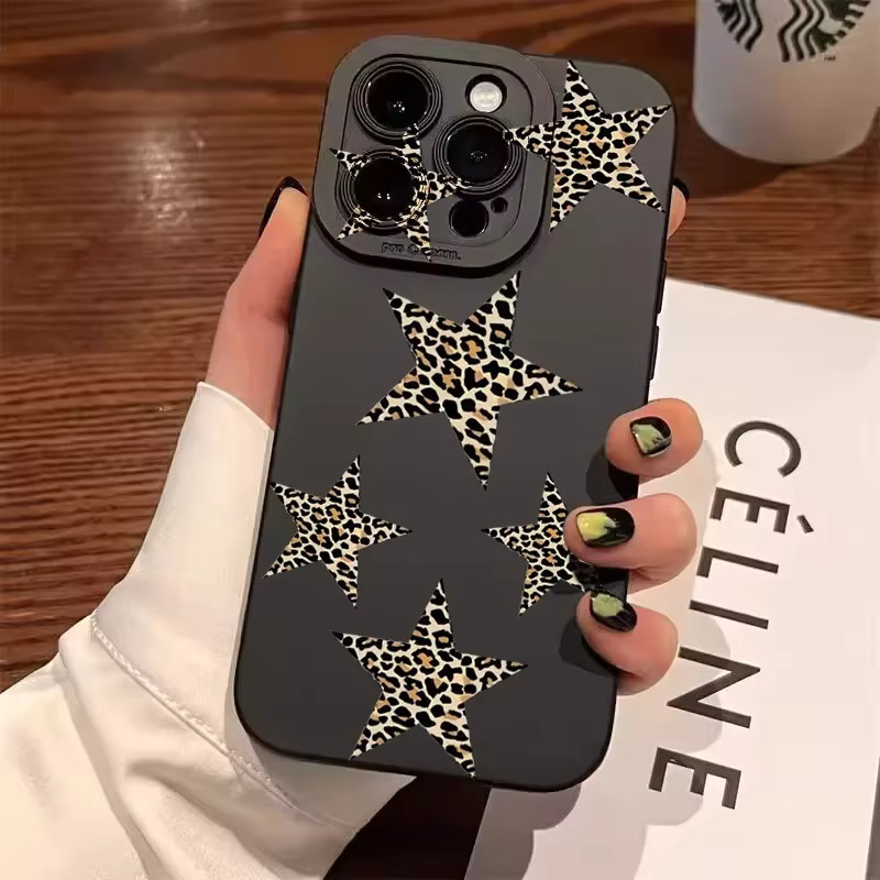 Mattierte Handyhülle mit Leoparden- und Sternenmuster für iPhone 16 15 14 13 12 11 Pro Max Plus XS X XR 7 8 in Schwarz, stoßfeste Softcover-Schutzhülle - Bild 2
