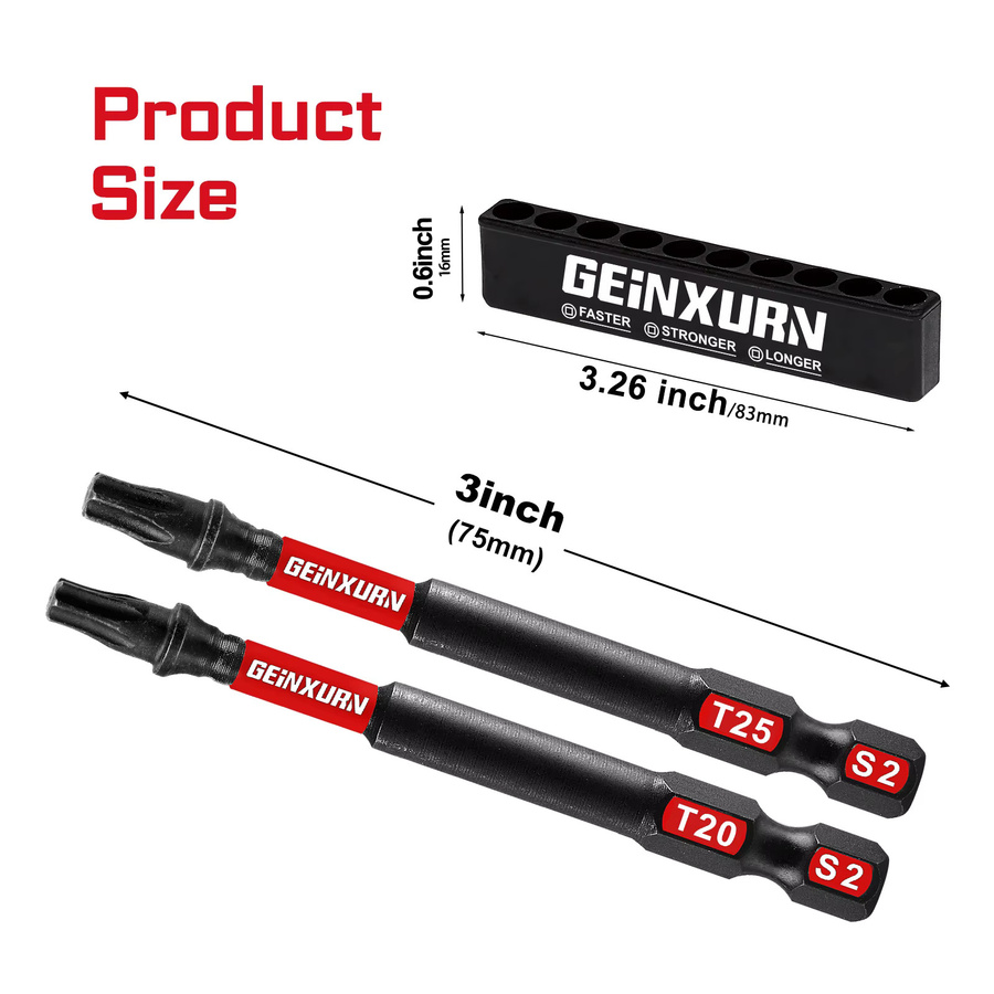 Geinxurn Torx-Schraubendreher-Bit-Set aus S2-Stahl mit Magnetfunktion, T20 und T25, Schwarz, Länge: 7,6 cm - Bild 2