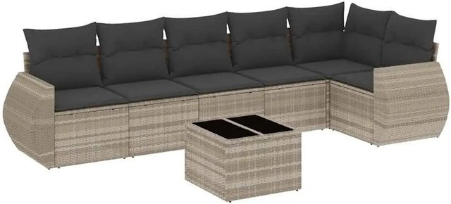 vidaXL 7-teilige Garten-Sofagarnitur in L-Form aus Polyrattan mit Kissen in Hellgrau - Bild 1