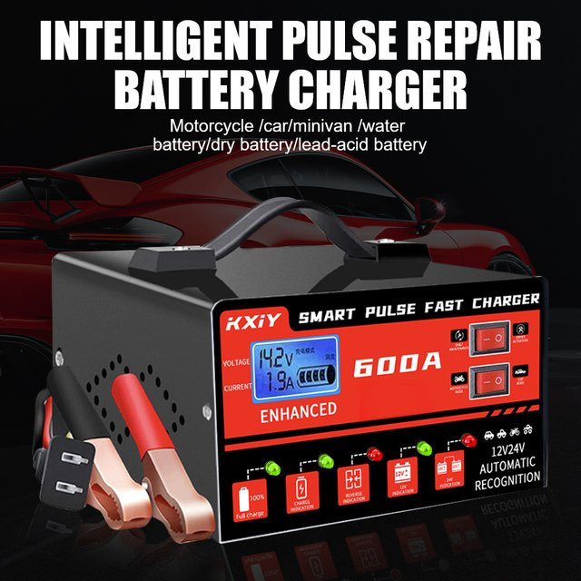 Intelligentes Autobatterie-Ladegerät mit LCD-Display und Pulsreparatur, 12 V / 24 V, 600 A, Farbe: Rot - Bild 1