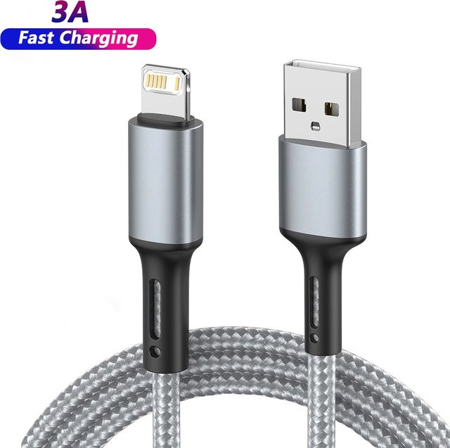USB-A auf Lightning Schnelllade-Kabel für iPhone und iPad in Grau und Silber, Länge: 3 m - Bild 1