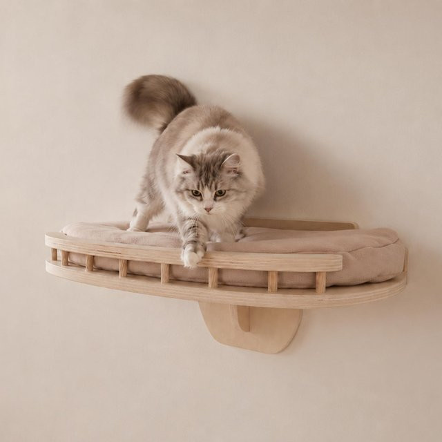 Katzenkletterwand MCW-Q55 aus Holz mit beige Kissen, Katzenplattform und Liegeplatz, B/T/H: 44 x 28 x 20 cm, Natur - Bild 1