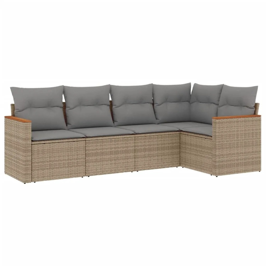 vidaXL 5-tlg Garten-Sofagarnitur in L-Form aus Poly-Rattan und Akazienholz mit Kissen in Beige - Bild 2