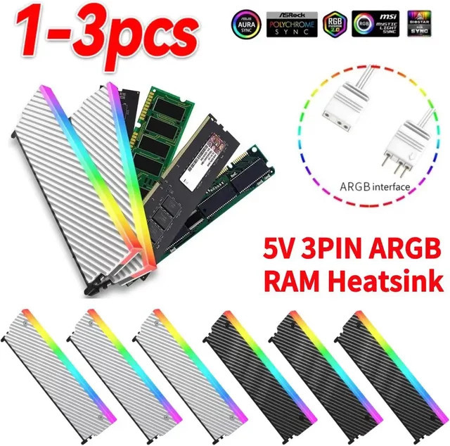 VODOOL ARGB RAM-Kühlkörper aus Aluminium in Silber mit thermischem Silikonpad für Desktop-Speichermodule, 5V 3PIN - Bild 1
