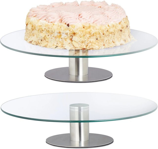Relaxdays Tortenständer aus Glas und Edelstahl in Transparent und Silber, drehbar, 2er Set, Durchmesser: 30 cm, Höhe: 7 cm - Bild 1