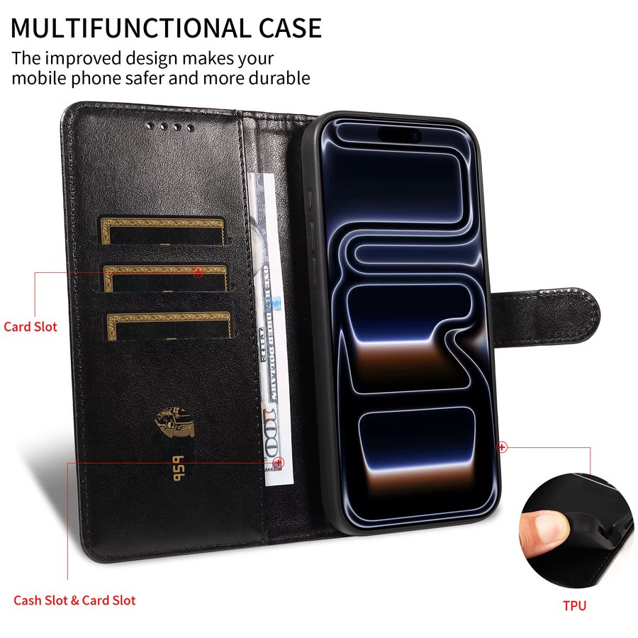 Leder-Handyhülle im Brieftaschen-Stil für iPhone 11 bis iPhone 17 mit Handschlaufe, kratzfest und stoßfest, Farben: Schwarz oder Grau - Bild 5