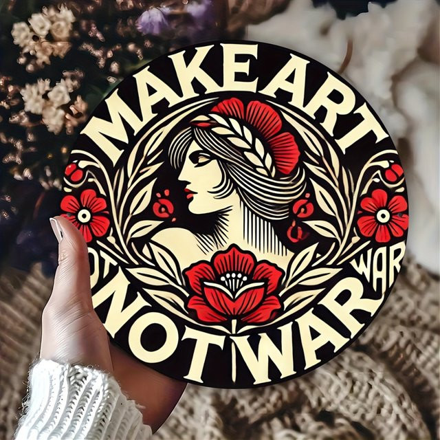 Potdemiel Vintage Wanddekoration Make Art Not War Peace Rose Girl Metallschild, Durchmesser: 20 cm, Mehrfarbig - Bild 1