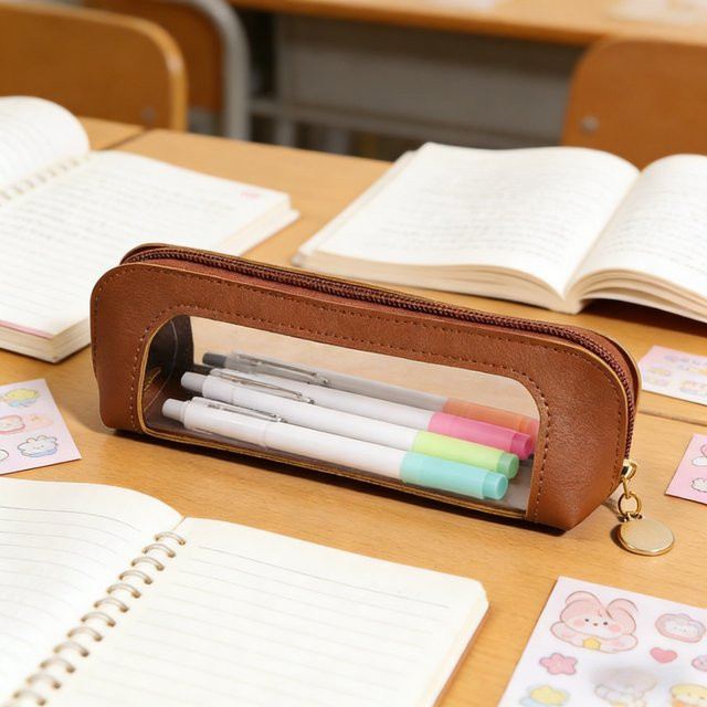 Stilvolles Stiftetui aus PU-Leder in Braun mit Reißverschluss als Organizer für Schule und Büro - Bild 1