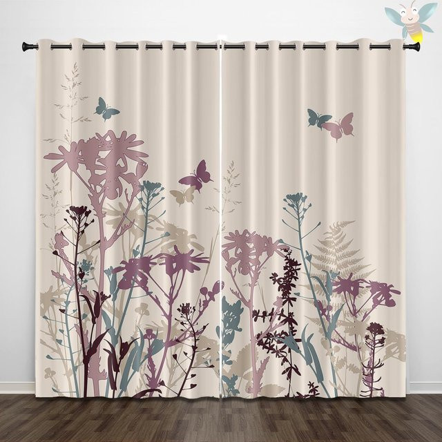 2er-Set dekorative Vorhänge mit Blumen- und Schmetterlingsmuster in Grau und Multicolour, halbtransparent, B: 140 cm, H: 160 cm - Bild 1