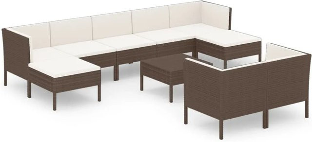 vidaXL 10-tlg Garten-Lounge-Set in L-Form aus Poly Rattan und Metall in Braun mit beigen Auflagen und Kissen - Bild 1