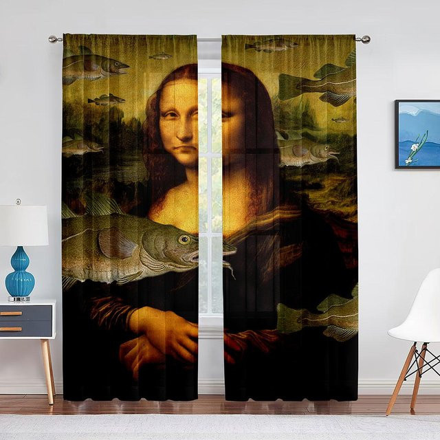 Transparenter Tüllvorhang mit Mona Lisa und Kätzchen Motiv von Super Six, Farbe Multicolour, B: 100 cm, H: 250 cm - Bild 1