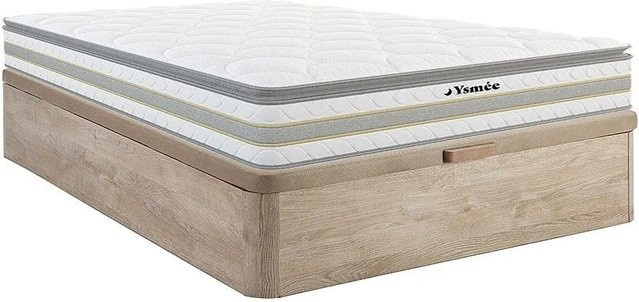 YSMÉE Canterbury Bettgestell mit Matratze und Lattenrost aus Massivholz mit Bettkasten, Farbe Beige/Braun, B/T/H: 160 x 200 x 30 cm - Bild 1