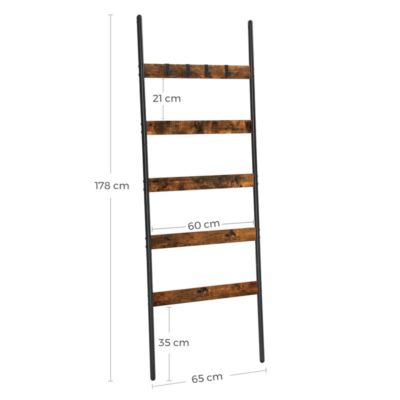 Vasagle Leiterregal mit 5 Ebenen und 4 Haken im Industrial Design, Farbe Braun-Schwarz, B/T/H: 65 x 65 x 176 cm - Bild 3