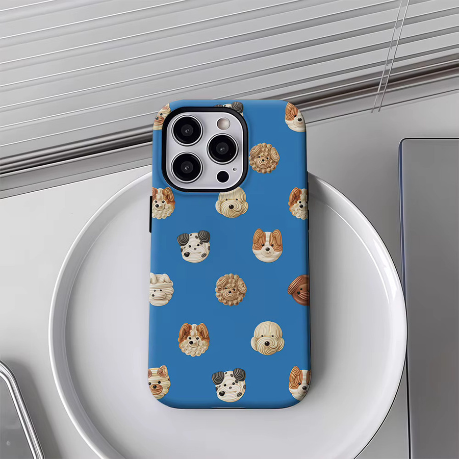 Handyhülle mit niedlichen Hundeköpfen für Apple iPhone 12 bis 17 Pro Max Plus in Blau mit doppelschichtiger Rückseite - Bild 3