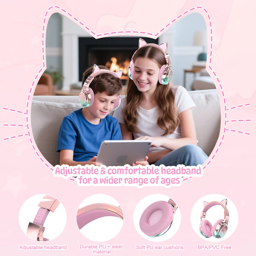 QearFun Bluetooth Katzenohr-Kopfhörer für Kinder und Mädchen mit sicherer Lautstärke, faltbares Headset in Pink oder Purple - Bild 3