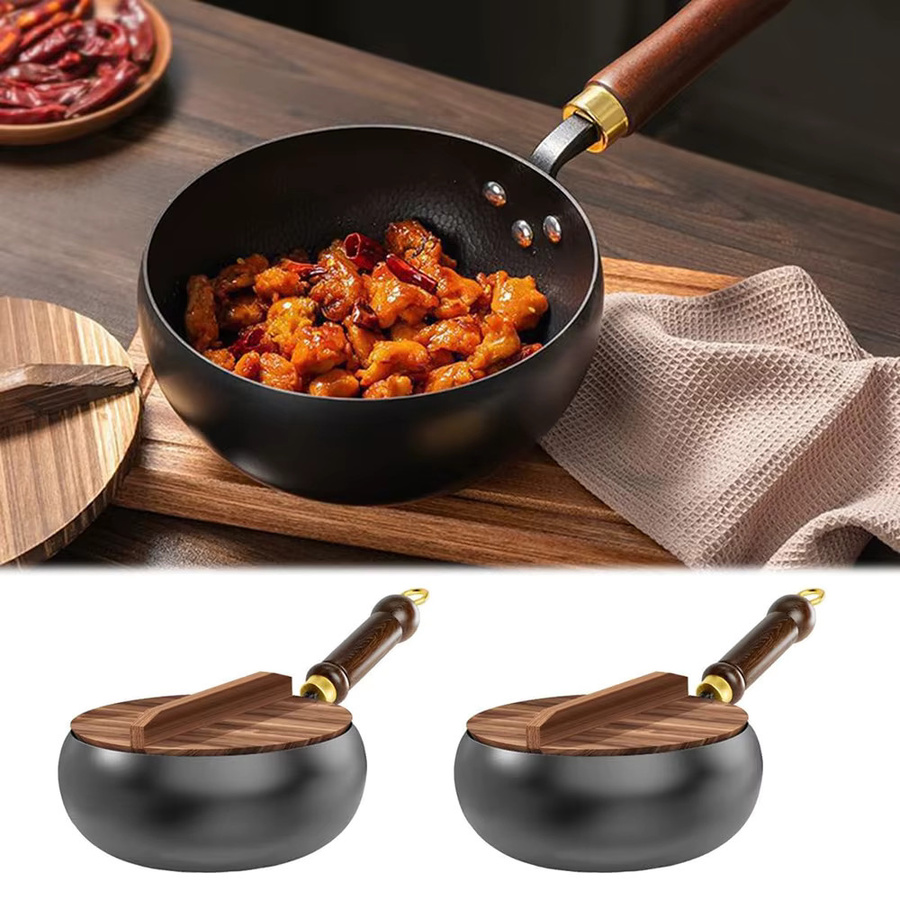 Betuyoo Schmiedeeisenpfanne aus Carbonstahl mit Holzdeckel, Schwarz, Durchmesser: 28 cm, Backofenfest und Induktionsgeeignet - Bild 2