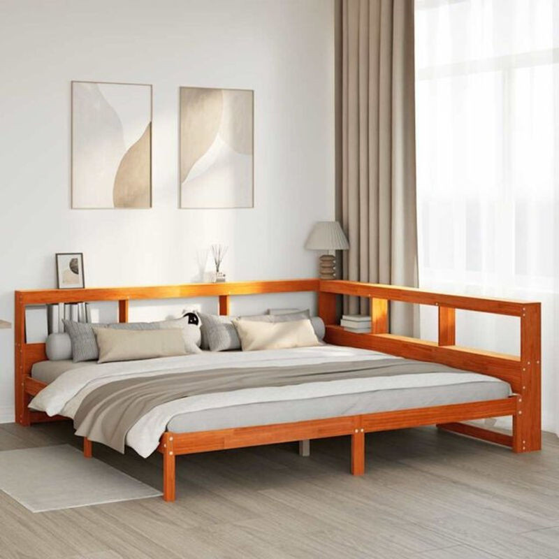 Massivholzbett aus Kiefer mit Regal von Vidaxl in Braun, B/T/H: 200 x 200 x 80 cm - Bild 1