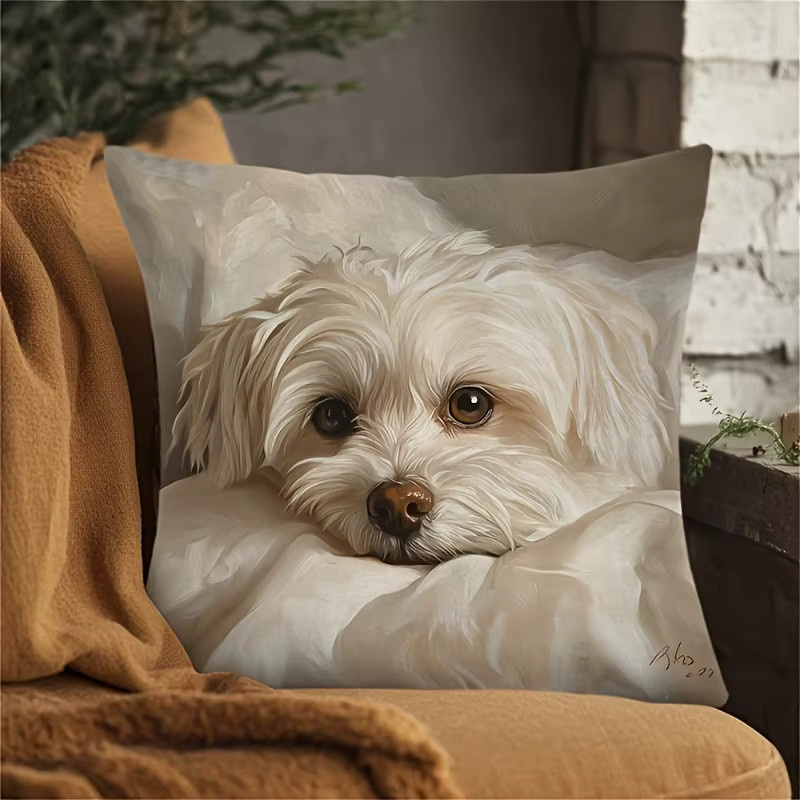 VIKAMA Malteser Hund Kissenbezug mit Kunstdruck in Beige-Weiß, quadratisch, Breite: 45 cm, Höhe: 45 cm, Tiefe: 45 cm - Bild 2