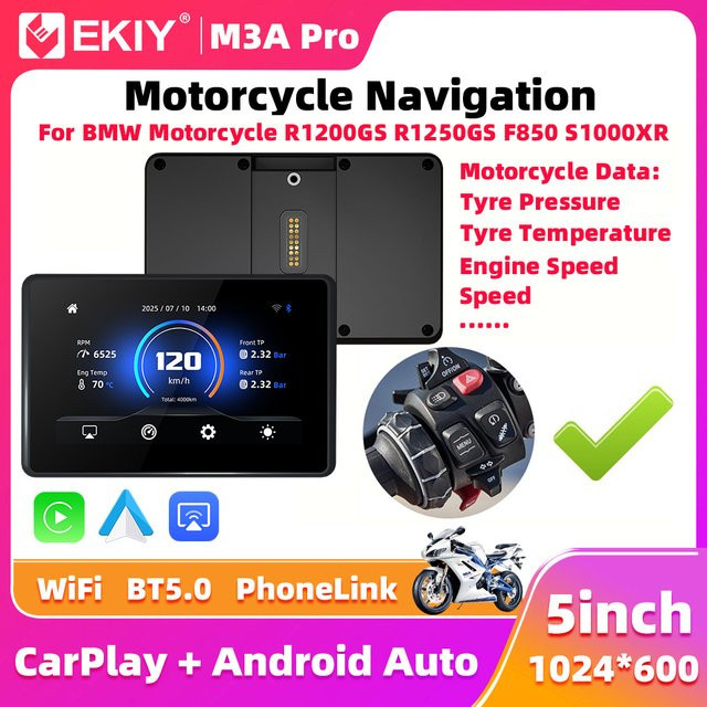 EKIY 5,0 Zoll Drahtloses CarPlay und Android Auto GPS Motorrad Navigationsdisplay für BMW R1200GS R1250GS in Schwarz mit WonderWheel Unterstützung - Bild 1