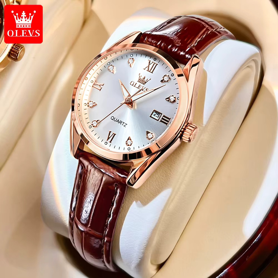 OLEVS Armbanduhr, Quarz, Leder, Diamant, Roségold, Damen - Bild 5