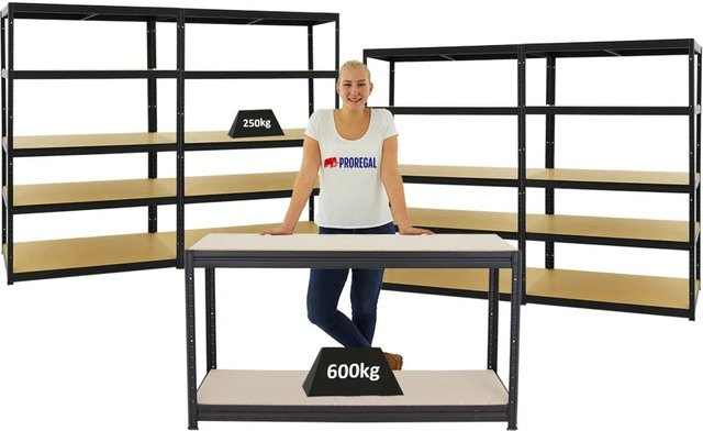 PROREGAL Set aus 4x Schwerlastregal Big Elephant M und 1x höhenverstellbarer Werkbank Big Dino, Schwarz, H x B x T: 180 x 120 x 60 cm und H x B x T: 90 x 160 x 60 cm - Bild 1