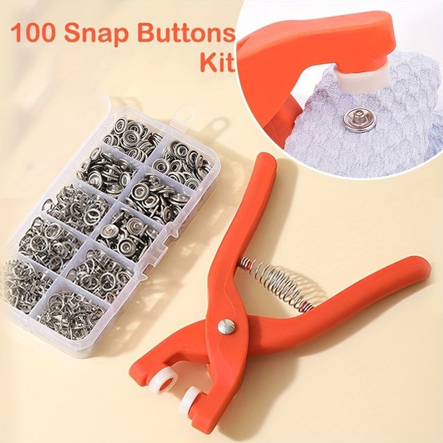 Druckknopf-Set mit Handdruckzange und Metall-Druckknöpfen in einer transparenten Box zum Nähen und Basteln - Bild 1