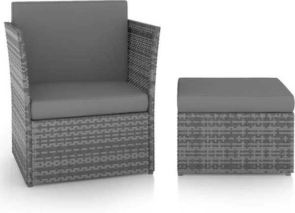 Furnicato Gartensessel mit Hocker aus PE Rattan in Anthrazit mit Polsterkissen und Metallgestell
