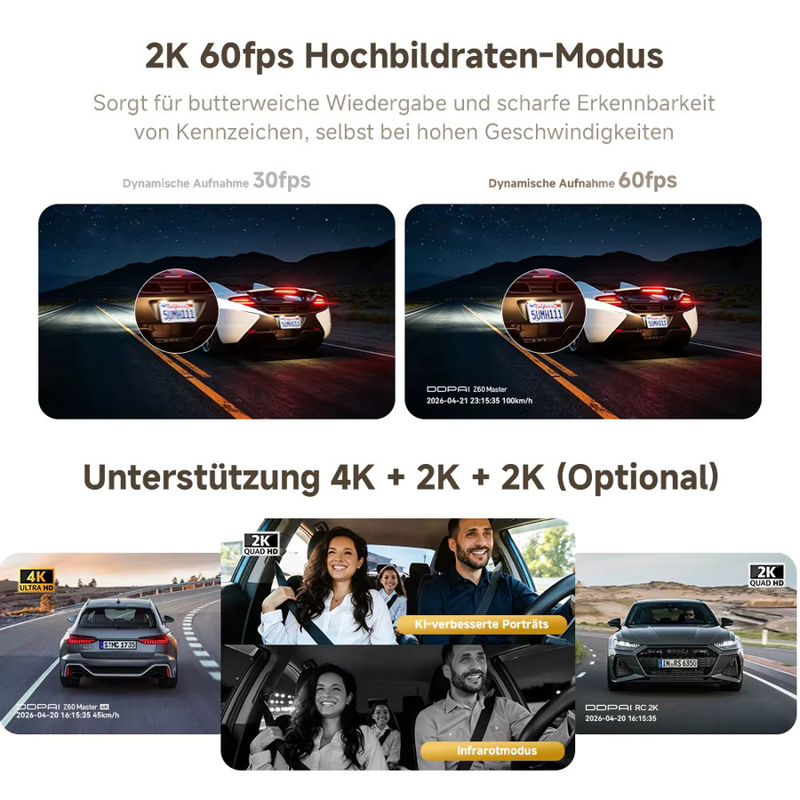 DDPAI Z60Master Dashcam mit 4K UHD Front- und 2K Heckaufzeichnung, Dual HDR Nachtsicht, WiFi6 und GPS, Farbe: Schwarz - Bild 2