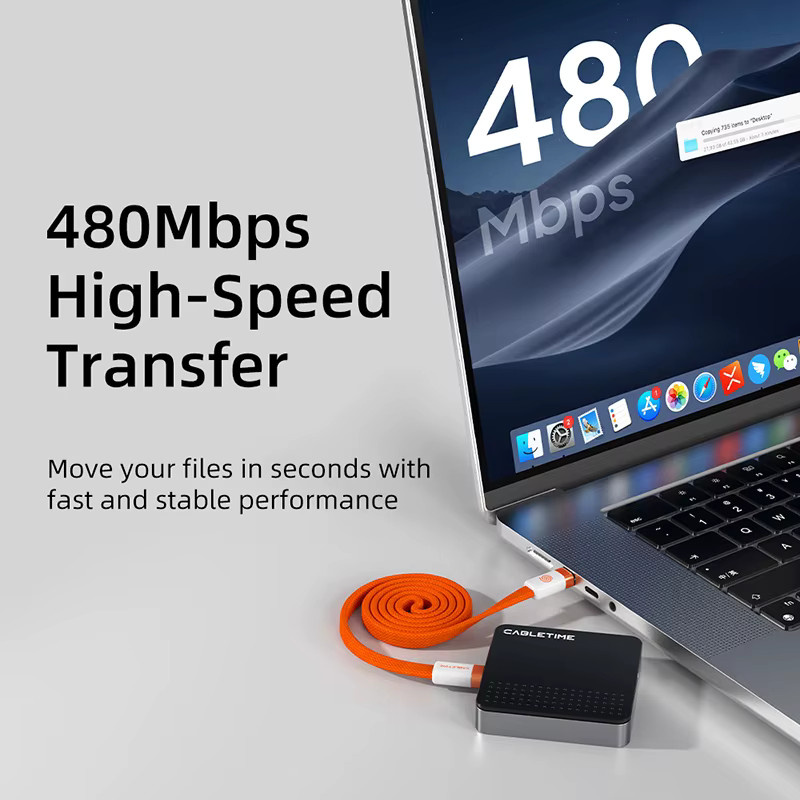 CABLETIME Magnetisches USB-C auf USB-C Flachkabel, 100 W Hochgeschwindigkeits-Transfer mit 480 Mbit/s, Orange - Bild 2