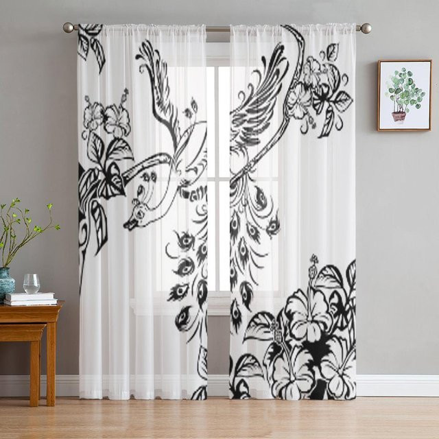 Super Six Chiffon-Vorhang mit floralem Pfauenbaumzweig- und Hibiskus-Design, transparent, Weiß, Breite: 135 cm, Höhe: 137 cm - Bild 1