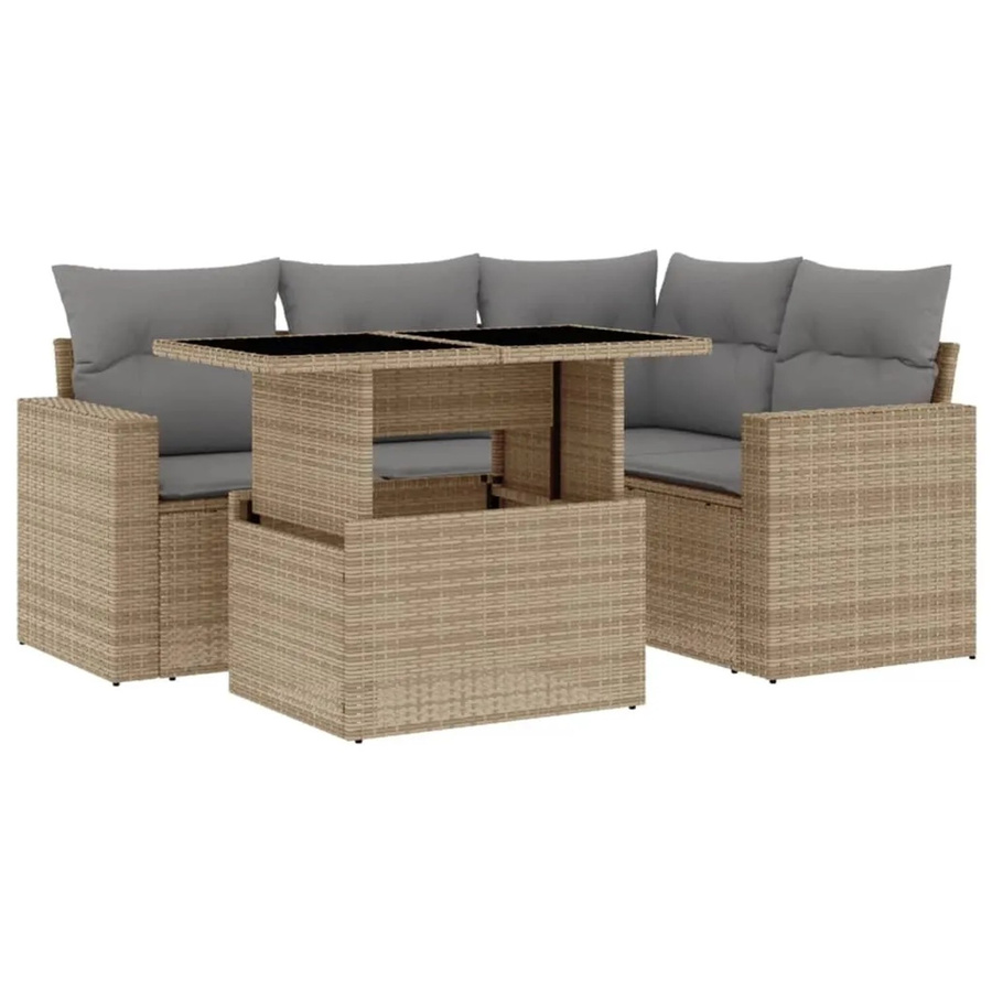 vidaXL 5-tlg. Garten-Sofagarnitur in L-Form aus beigem Poly-Rattan mit wetterfesten Kissen und pulverbeschichtetem Stahlgestell - Bild 2