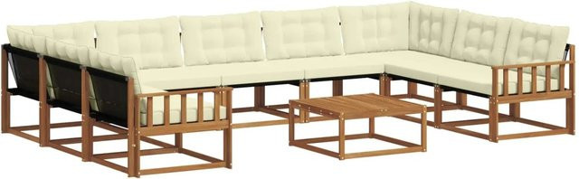 vidaXL Outdoor-Sofagarnitur aus massivem Akazienholz mit 10 Teilen und Kissen in Natur und Creme - Bild 1