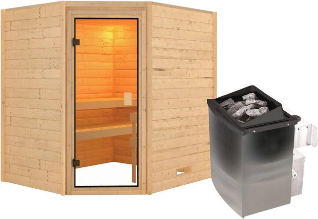 Karibu Sauna Elea Set Naturbelassen in Braun mit 9 kW Ofen und integrierter Steuerung - Bild 1