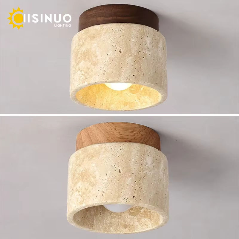 IISINUO LED-Deckenleuchte im japanischen Stil aus Stein und Holz, rund, beige, für Wohnzimmer, Flur und Balkon - Bild 4