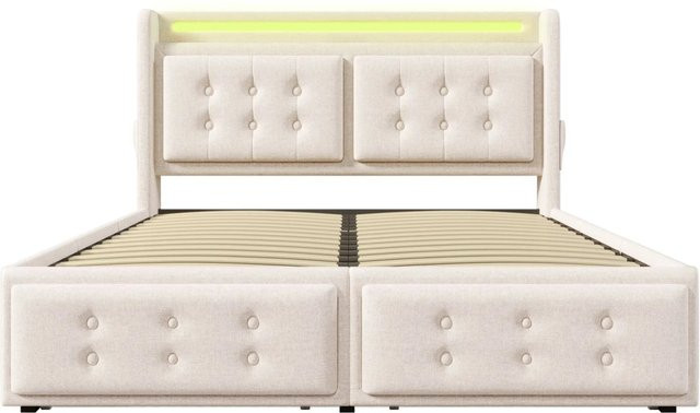 Merax Polsterbett Beige mit LED-Kopfteil, USB-Anschluss und Stauraum durch Schubladen, B/T/H: 180 x 200 x 106 cm - Bild 1
