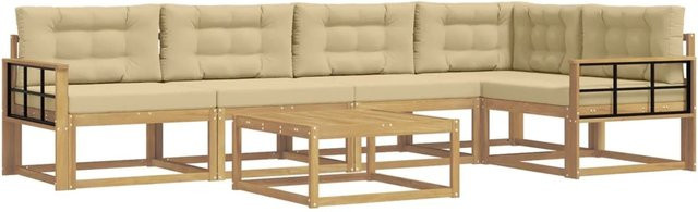 vidaXL Outdoor-Sofagarnitur aus Akazienholz in L-Form mit Polstern und Couchtisch, Weiß und Beige, B/T/H: 79 x 79 x 37 cm - Bild 1