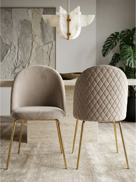 2er Set Esszimmerstühle KADIMA DESIGN im Skandinavischen Design mit Samtbezug und Metallgestell, Beige, B: 53 cm, T: 50 cm, H: 87 cm - Bild 1