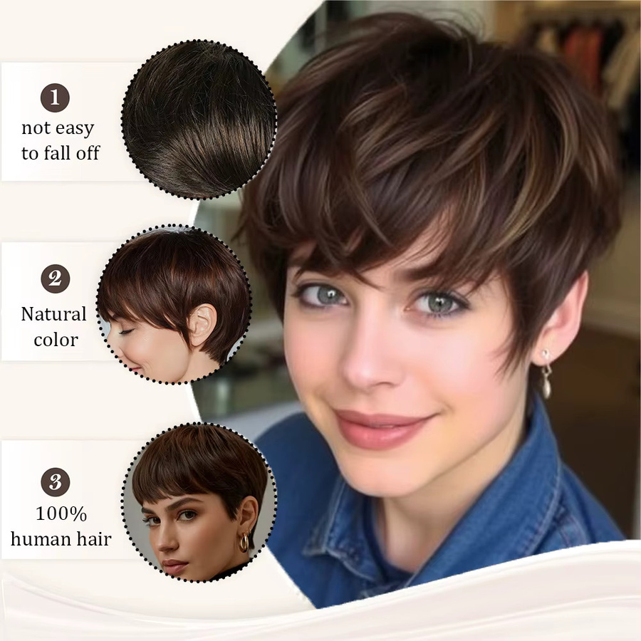 OYM HAIR Pixie-Perücke, braun, glattes Echthaar mit Pony, Damen - Bild 3